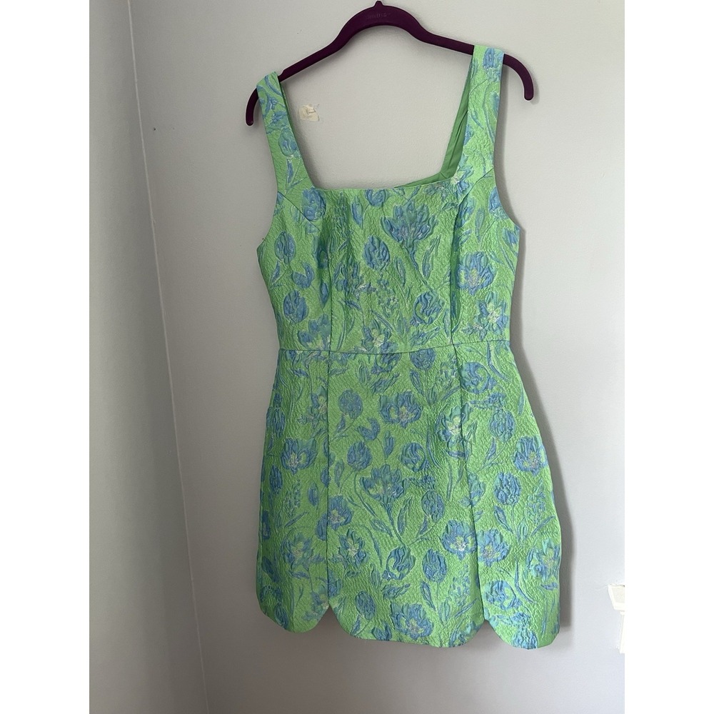 B.RIGHT Women's Mini Dress Size M Green Blue Floral Jacquard Square Neck Lined